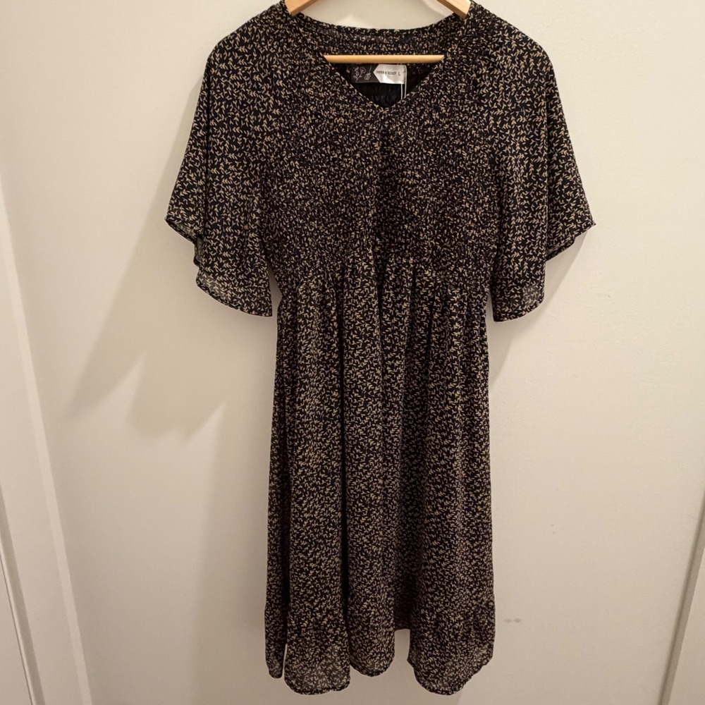 Piper & Scoot The Franklin Floral Midi Dress Black Smocked V-Neck Womens Large